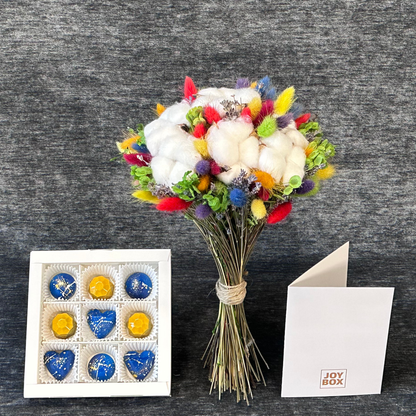 Подарунковий набір: букет із сухоцвітів та шоколадні цукерки JOY BOX "Святкова колискова"